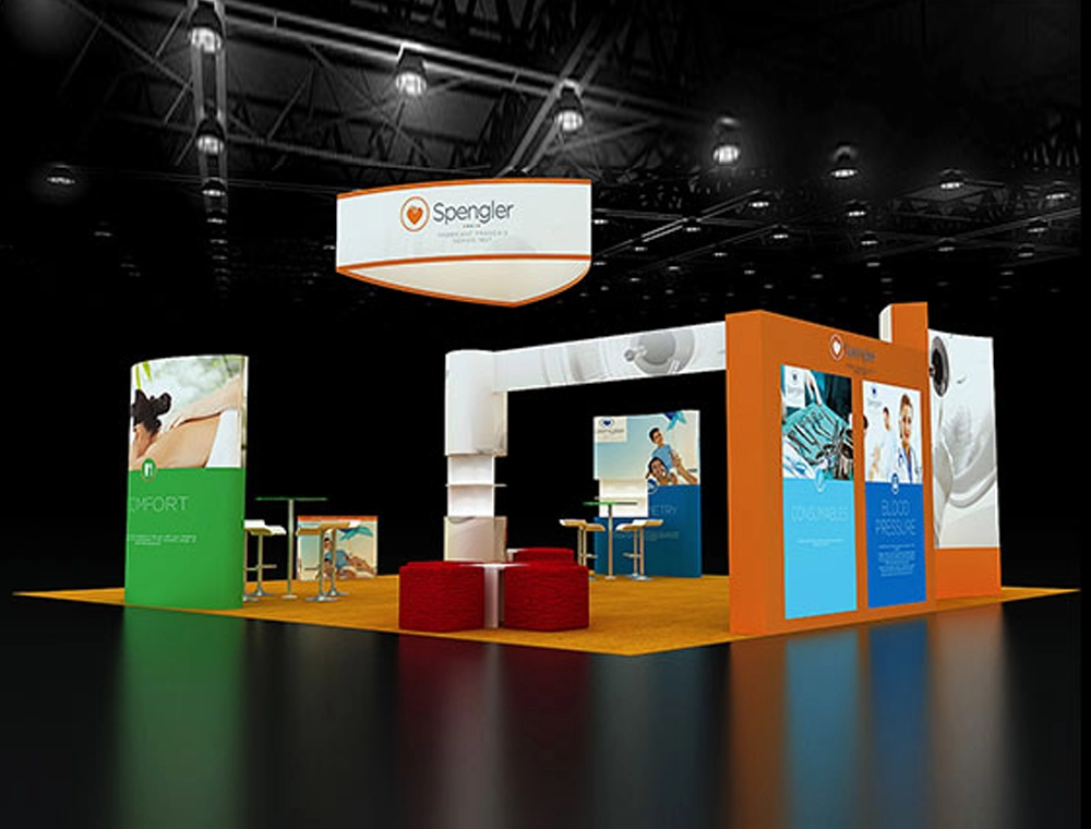 Trade show 30x30 booth with central demo station